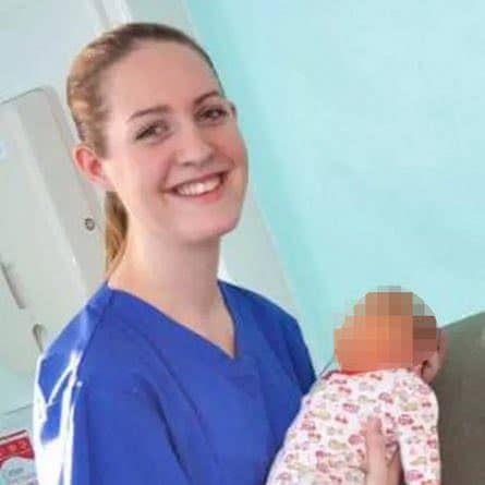 Lucy Letby as a neonatal nurse holding a baby, Photo Credit: Mark Heath/X