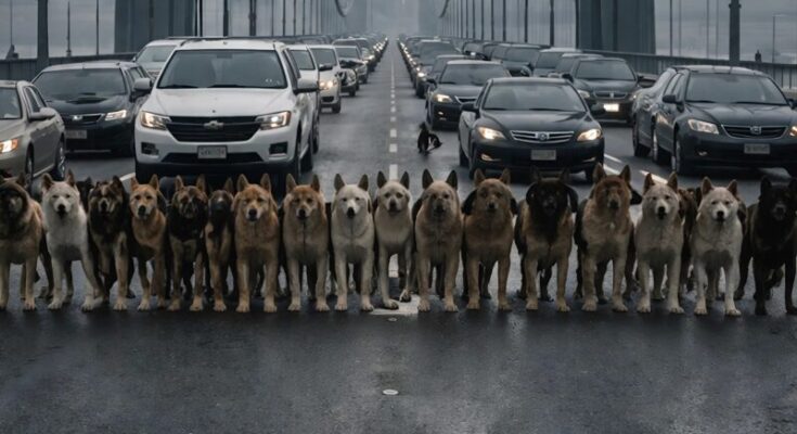 20 dogs stood on the bridge, refusing to move and completely blocking the road: annoyed drivers were