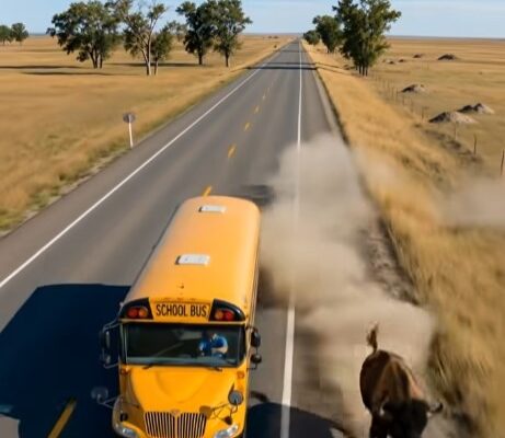 A massive bison suddenly appeared in front of a school bus, and the driver braced for the worst—until