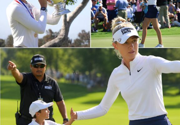 As event personnel were getting ready to move a young fan away from the gathering, Nelly Korda suddenly motioned for them to pause and quietly said, “Please let him come over…”