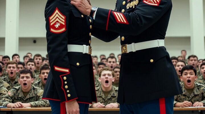 The Marine’s shove hit my shoulder hard enough to send hot coffee splashing across my white blouse. “Move, ma’am,” he said loudly. “This section is for command staff.”