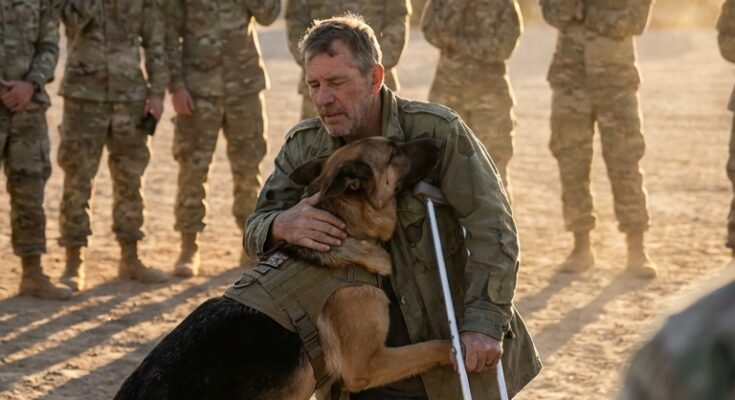When a military K9 suddenly charged toward a badly wounded veteran struggling on crutches, the entire base braced for disaster. But in the seconds that followed, the dog’s unexpected act stunned everyone—and even the toughest soldiers were left quietly wi