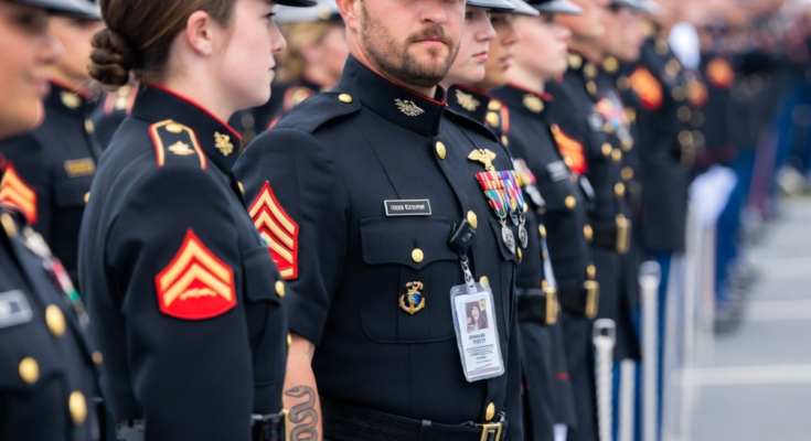 A man in a janitor’s shirt came to watch his twin daughters earn the eagle, globe, and anchor—then a Marine captain saw the faded tattoo on his arm, froze mid-step, and turned a proud graduation morning into the kind of silence that only falls when an ent
