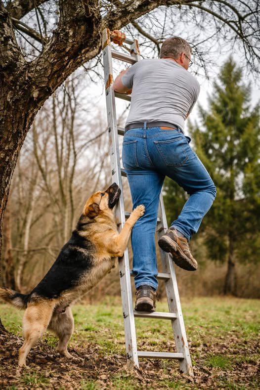 As I climbed a ladder to trim some dry branches, my dog suddenly started barking nonstop and tugging at my pant leg, trying to pull me down. At first, I thought he was just playing or acting strangely.
